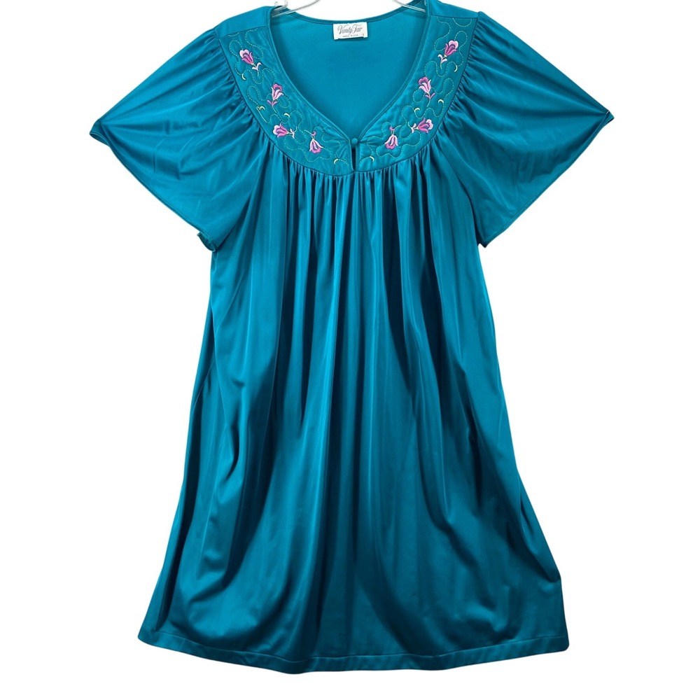 Vanity Fair Nightgown Sz L Floral Embroidery Teal V-Neck Short‎ Sleeve USA